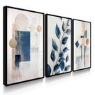 Quadro Decorativo Trio Folhagem Abstrato Azul Sala Escritório Elegante Flores com Vidro