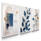 Quadro Decorativo Trio Folhagem Abstrato Azul Sala Flores Casa Moderna com Moldura