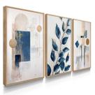 Quadro Decorativo Trio Folhagem Abstrato Azul Sala Flores Casa Moderna com Moldura