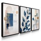 Quadro Decorativo Trio Folhagem Abstrato Azul Sala Flores Casa Moderna com Moldura