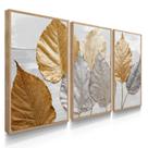 Quadro Decorativo Trio Folhas Outono Golden Arte Floral Moderna Linda Sala com Moldura