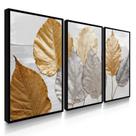 Quadro Decorativo Trio Folhas Outono Golden Arte Floral Moderna Linda Sala com Moldura