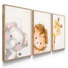 Quadro Decorativo Trio Infantil Elefante Leão Quarto Bebê Filho Brinquedoteca com Moldura