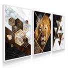 Quadro Decorativo Trio Leão Geométrico Marrom Abstrato Sala 70x50 com Moldura
