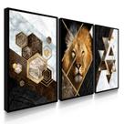 Quadro Decorativo Trio Leão Geométrico Marrom Abstrato Sala 70x50 com Moldura