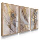Quadro Decorativo Trio Mármore Golden Sala Mderna Elegante Kit com Vidro