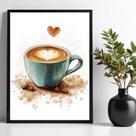 Quadro Decorativo Xícara de Café Aquarela Coração 45x34cm - com vidro