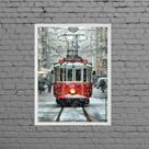 Quadro Fotografia Bonde Vermelho Neve 24x18cm - com vidro