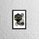 Quadro Geométrico Hexágonos Preto e Cinza 24x18cm - com vidro