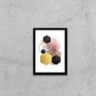 Quadro Geométrico Hexágonos Preto e Dourado 24x18cm - com vidro