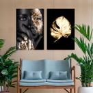 Quadro Grande Mulheres Negras e Flor Dourado Decorativo para Sala Arte Ambiente Moderno Quarto Casal Escritório Decoraçã