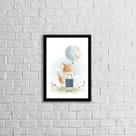 Quadro Infantil Estilo Aquarela Raposinha Com Balão 33x24cm - com vidro
