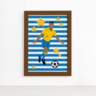 Quadro Infantil Futebol Gol Jogador Azul 22x32 Moldura Marrom