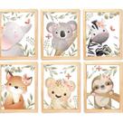 Quadro Infantil Safari Menina 6 Un A4 Vidro E Pendurador.