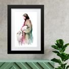 Quadro Jesus Com Cordeiros Aquarela - 60x48cm Quadro Jesus Com Cordeiros Aquarela - 60x48cm