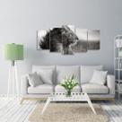 Quadro Leão Mosaico 5 Peças em Preto e Branco Sala Hall