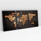 Quadro Mapa Mundi Para Sala Preto Bronze Envelhecido Vintage Mosaico 3 Telas Com Moldura - Bimper