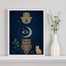 Quadro Mistico Hamsa Lua Coruja Gato 45x34cm