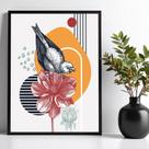 Quadro Moderno Pássaro Com Flor - Geométrico 24x18cm - com vidro Quadro Moderno Pássaro Com Flor - Geométrico 24x18cm - com vidro