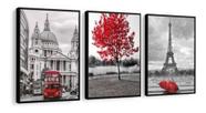 Quadro Mosaico 3 Peças Árvore Vermelha, Paris E Londres