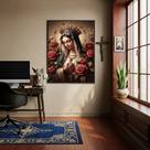 Quadro Nossa Senhora Com Terço Flores - 70x50cm