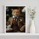 Quadro Onça Elegante Tomando Café 45x34cm