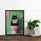 Quadro Para Banheiro Gato No Vaso - Rosa e Verde 24x18cm