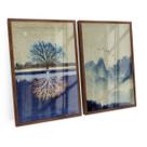 Quadro Para Sala Abstrato Moderno Arvore Dupla Par Montanha Paisagem C/ Moldura e Vidro Decorativo - Bimper