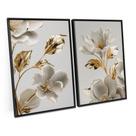 Quadro Para Sala Moderno Folhas Douradas E Brancas Ouro Amarelo Kit 2 Telas Canvas C/ Moldura - Bimper