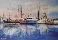 Quadro pintado à mão Barcos Descansando no Porto