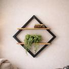 Quadro Prateleira Industrial Losango de 2 Madeiras Pinus Parede em Ferro Preto com Modelo Nicho