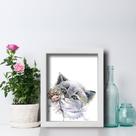 Quadro Quarto Sala Gato Aquarela 33x43cm Moldura Branca