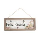 Quadro Retangular de Madeira "Feliz Páscoa" Coelhos com Flores - 1 unidade - Cromus - Rizzo