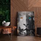 Quadro Tecido Canvas Leão Preto e Branco Borboleta Flores