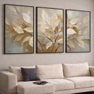 Quadros com Moldura e Acrilico Cristal Arvore Bege Areia Folhas Kit 3 Quadros para Sala, Quarto ou Escritório