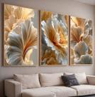 Quadros com Moldura e Acrilico Cristal Floral Abstrato Gold Kit 3 Quadros para Sala, Quarto ou Escritório