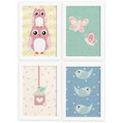Quadros Corujinha Baby Rosa Moldura Branca 22x32 4un