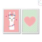 Quadros decoração infantil lhama e coração com moldura