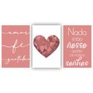 Quadros Decorativos 3 Unidades Frase Amor Fé Gratidão Coração Rose Escrito Branco 120cm x 60cm