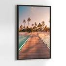 Quadros Decorativos com com Moldura Paisagem Pier Coqueiros Praia Caribe Vertical para Sala Quarto Decoração