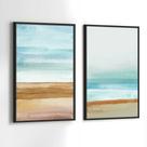 Quadros Decorativos com Moldura Abstrato Praia Azul Marrom Sala Quarto Kit Conjunto 2