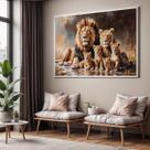 Quadros Decorativos com Moldura Familia Leao Leoa 4 Filhotes para Sala Quarto e Escritório Horizontal