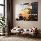 Quadros decorativos com Moldura Sala Quarto Abstrato Preto e Dourado Grande Hall