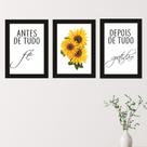 Quadros Decorativos Girassol Sala Fé Gratidão Kit 3 Peças