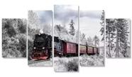 Quadros Decorativos Trem Na Neve Mosaico 5 Peças