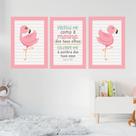 Quadros Menina Quarto Versículo Flamingos Rosa Kit 3 Peças
