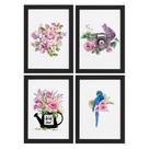 Quadros para Sala Flores Aquarela Moldura Preta 22x32cm 4un