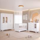 Quarto Bebê Retrô Janelado Completo com Guarda Roupa 4 Portas Berço Mini Cama Cômoda 4 Gavetas MDF Faura