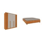 Quarto Casal Guarda-Roupa 6 Portas Ripado Nova York e Cama Box Queen Mônaco com Cabeceira Ajustável Bege/Cinamomo/Off White