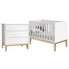 Quarto com Berço Classic e Cômoda com Gavetas Branco Fosco e Pés Madeira Natural - Reller Móveis